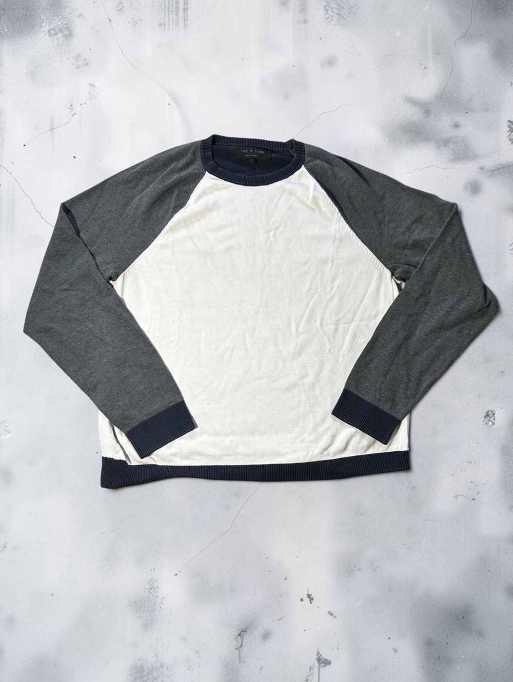 rag & bone Mens Large Colorblock Raglan Knit Sweater Navy Grey Cream Baseball